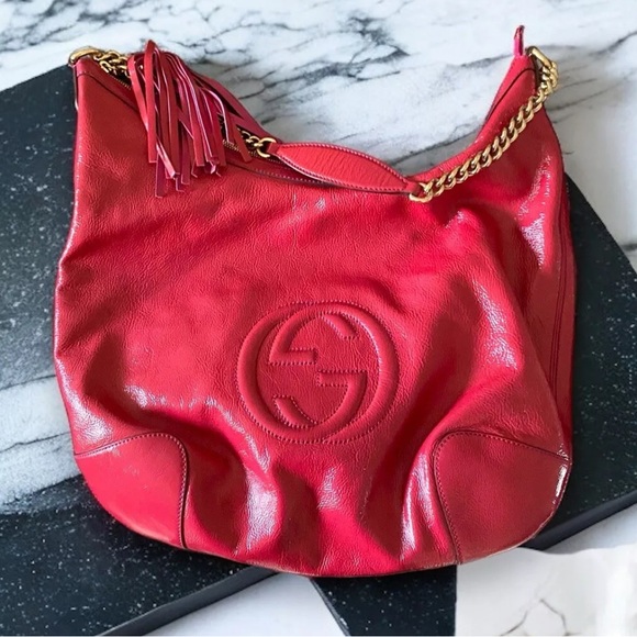 Authentic Gucci Patent Pink Fuchsia Soho Fringe Tassel Chain Tote Bag GORGEOUS! - Picture 10 of 16